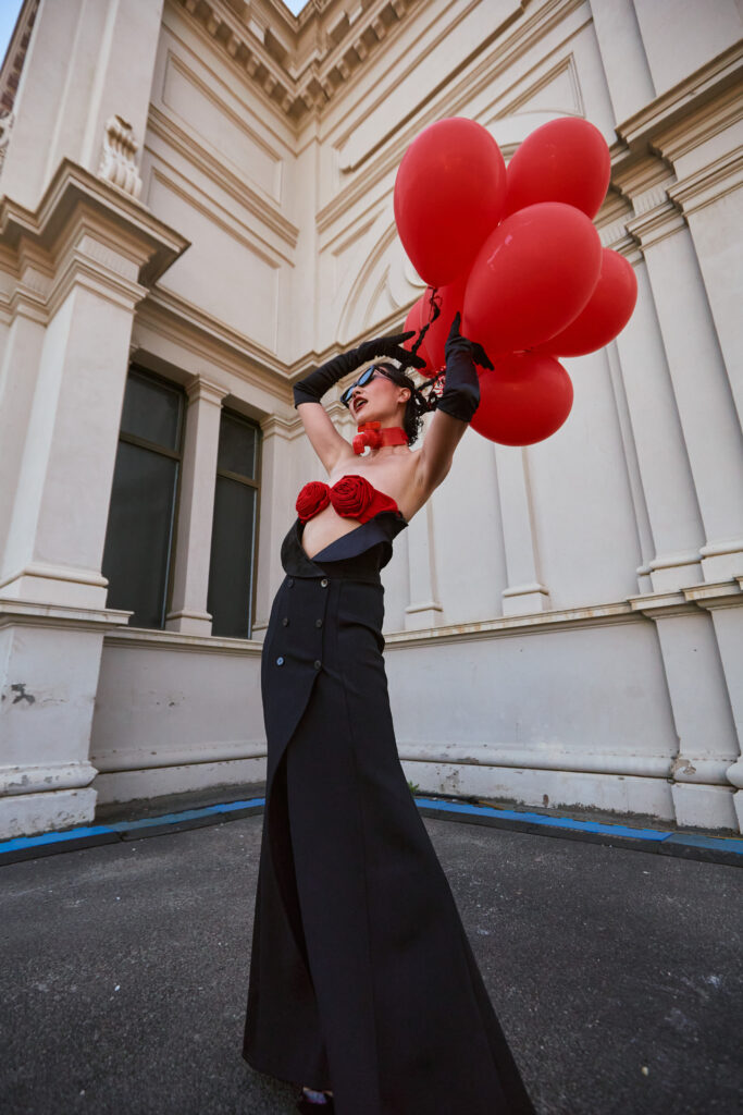 Charlene Ye Davies. gentle monster sunglasses, Maison Marginal Outfit. PayPal Melbourne fashion festival 2024 shot on Canon R5C with a RF 24-70mm lens. Royal Exhibition Building Melbourne Fashion Photographer Aidan McCorry