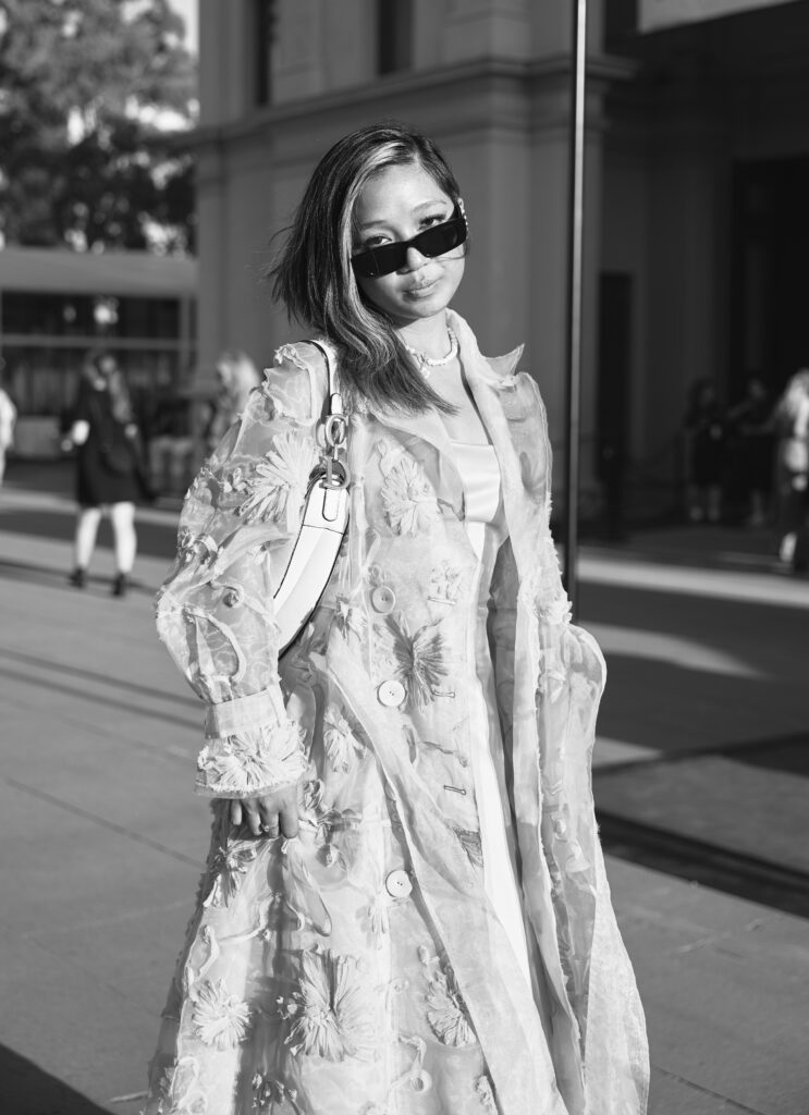 Brittany Jacintogarcia black and white photo Melbourne fashion festival 2024 shot on Canon R5C with a RF 24-70mm lens. Royal Exhibition Building Melbourne Fashion Photographer Aidan McCorry